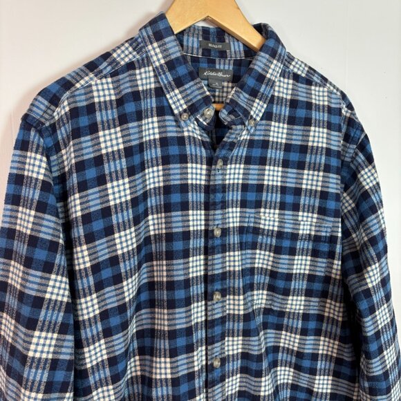 Eddie Bauer Shirt Large Tall LT Flannel Blue Plaid Cotton Button-Up Men's TL - Picture 2 of 8